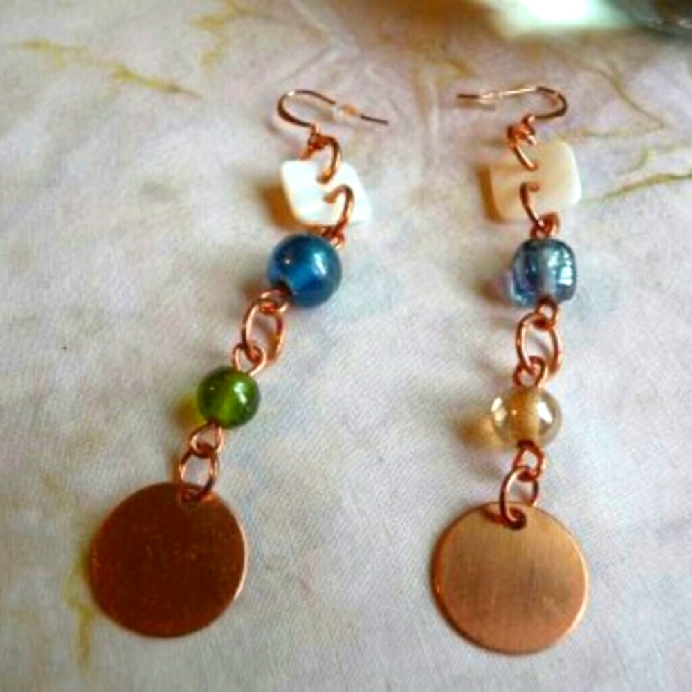 Boho Style Glass Earrings, Copper Disc Earrings